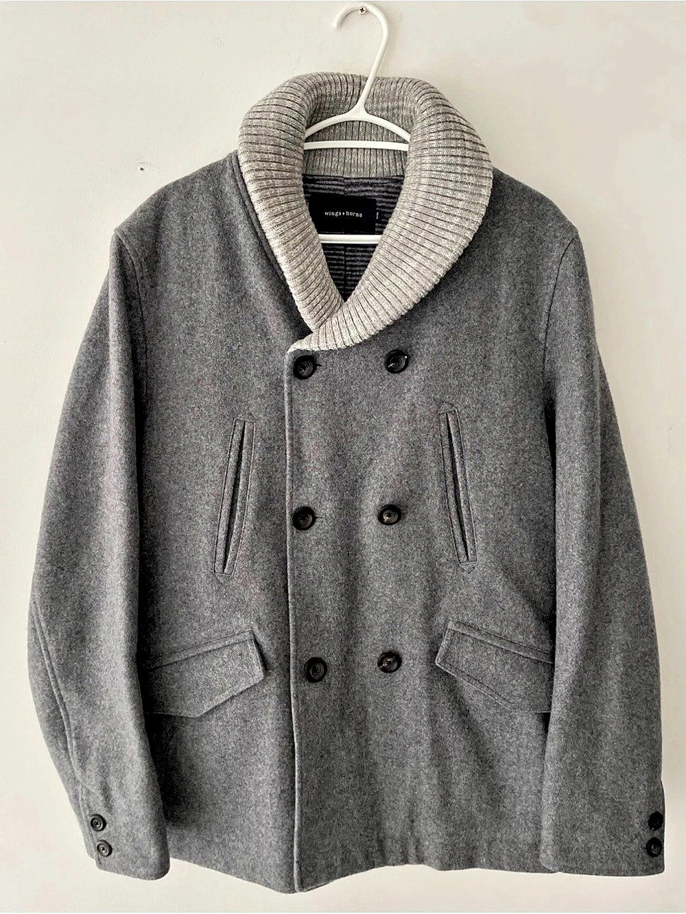 wings + horns Gray Shawl Collar Pea Coat Size Medium